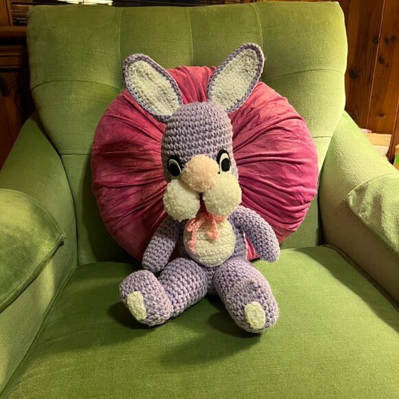 True Vintage Crocheted Amigurumi Purple Easter Bunny Rabbit Plush Stuffed Animal - Picture 12 of 12